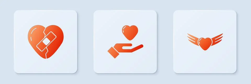 Set Heart in hand, Healed broken heart and with wings. White square button 库存插图