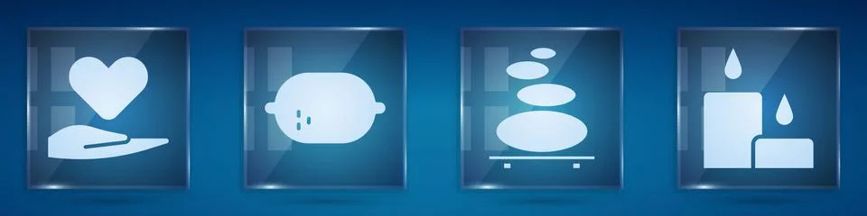 Set Heart on hand, Lemon, Stack hot stones and Burning candle. Square glass Stock Illustration