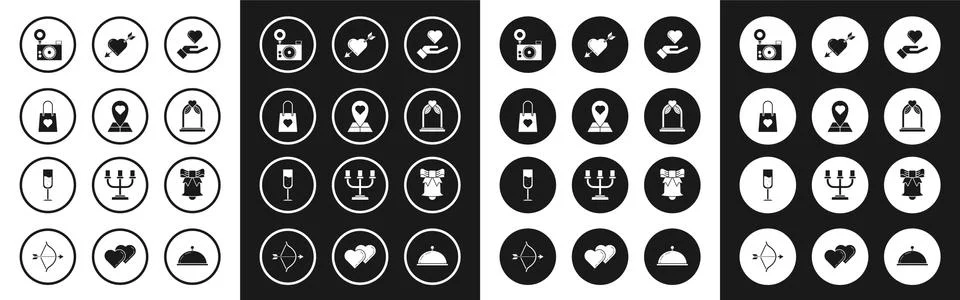 Set Heart on hand, Map pointer with heart, Shopping bag, Photo camera, Wedding Stock Illustration