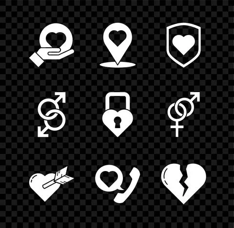 Set Heart on hand, Map pointer with heart, shield, Amour arrow, Telephone speech 스톡 일러스트