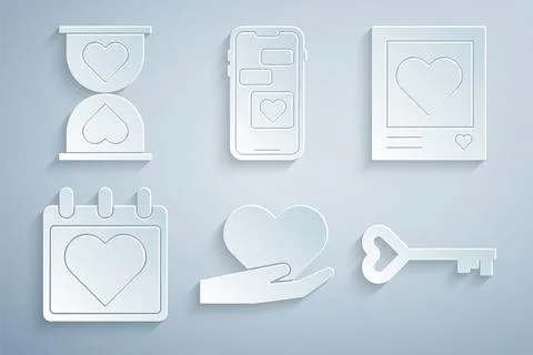 Set Heart in hand, Photo frames hearts, Calendar with, Key shape, Mobile and  Stockillustratie