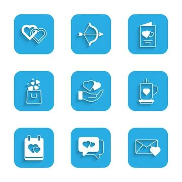 Set Heart in hand, speech bubble, Envelope with Valentine heart, Coffee cup Stock Illustration