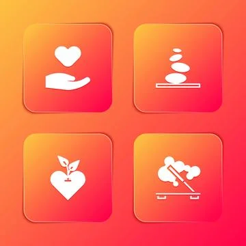 Set Heart in hand, Stack hot stones,  and Scented spa stick icon. Vector 库存插图