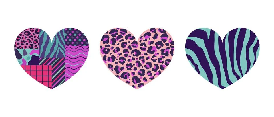 Set of heart icons with different patterns in retro colors Stock Illustration
