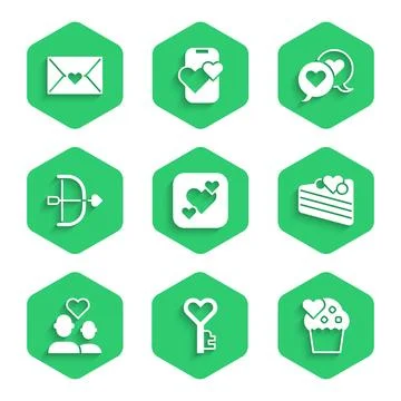 Set Heart, Key in heart shape, Wedding cake, Lover couple, Bow and arrow, speech Ilustração Stock