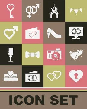 Set Heart with keyhole, Two Linked Hearts, Wedding rings, Church building Ilustración de archivo