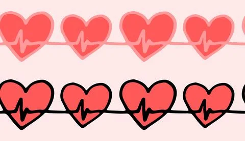 A set of heart lines with a red pulse. hand-drawn in the style of doodles, a set Stock Illustration