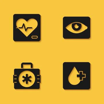 Set Heart rate, Blood test, First aid kit and Red eye effect icon with long Stock Illustration