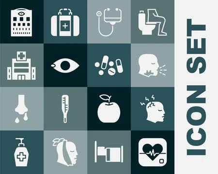 Set Heart rate, Man having headache, coughing, Stethoscope, Blindness, Medi.. Stock Illustration
