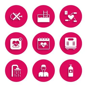 Set Heart rate, Positive thinking, Bottle of water, Bathroom scales, Shower head Stock Illustration