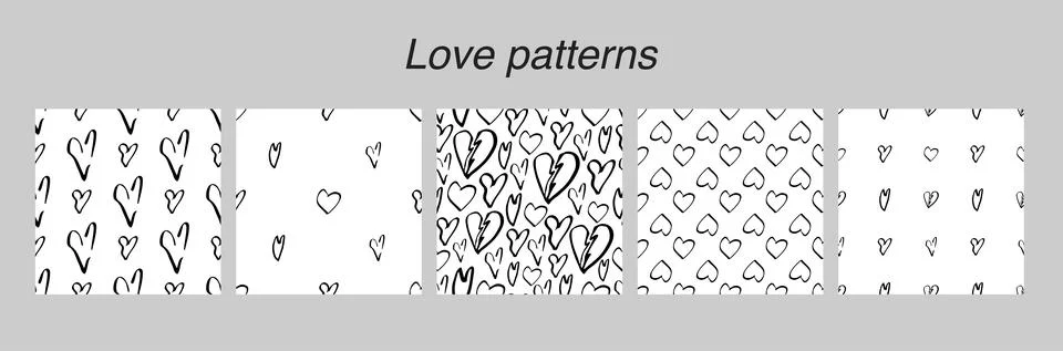 Set of heart seamless patterns in doodle style. Decor textile, wrapping wallp Stock Illustration
