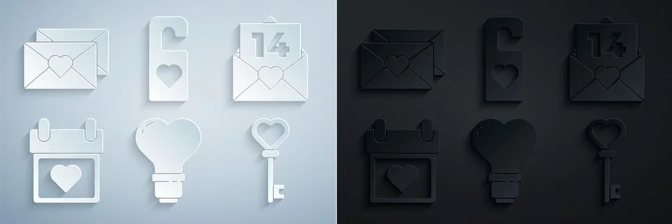 Set Heart shape in a light bulb, Envelope with Valentine heart, Calendar, Key Stock Illustration