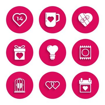 Set Heart shape in a light bulb, Two Linked Hearts, Calendar with heart, Condom Stock-Illustration