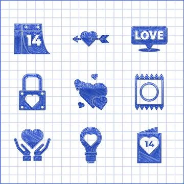 Set Heart, shape in light bulb, Valentines day flyer with heart, Condom package Stock-Illustration