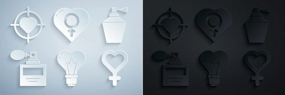 Set Heart shape in a light bulb, Perfume, Female gender symbol, heart and the Stock-Illustration