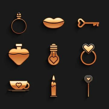 Set Heart shape in light bulb, Burning candle, Lollipop, Wedding rings, Cof.. Stock Illustration