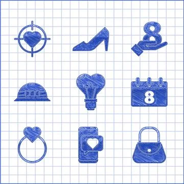 Set Heart shape in a light bulb, Online dating app and chat, Handbag, Calen.. Stock Illustration