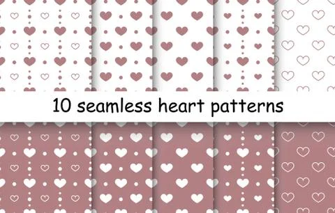 Set of Heart shape vector seamless patterns. Stock Illustration