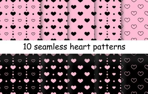 Set of Heart shape vector seamless patterns. Stock Illustration