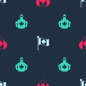 Set Heart shaped Canada flag, Flag of and Bottle maple syrup on seamless pattern 스톡 일러스트