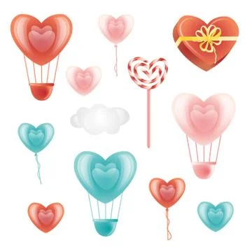 Set of heart-shaped decoration elements and cloud 스톡 일러스트