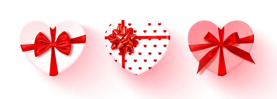 Set of heart-shaped gift boxes with red bow isolated on transparent background Stock Illustration
