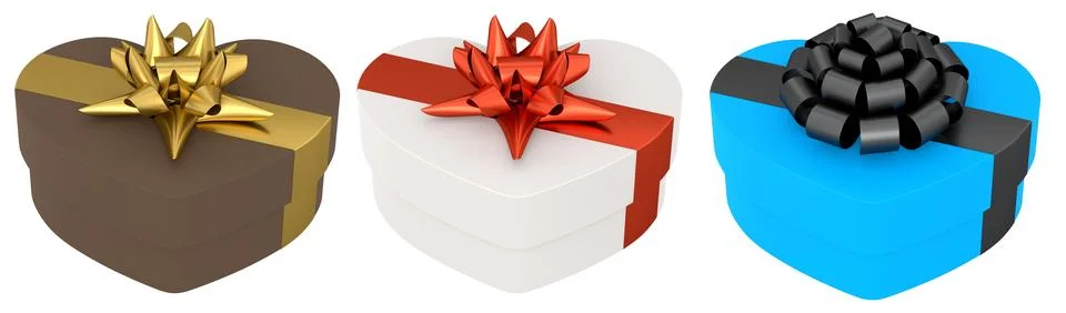 Set of heart-shaped gift boxes with shiny bows isolated on white background.. 스톡 일러스트