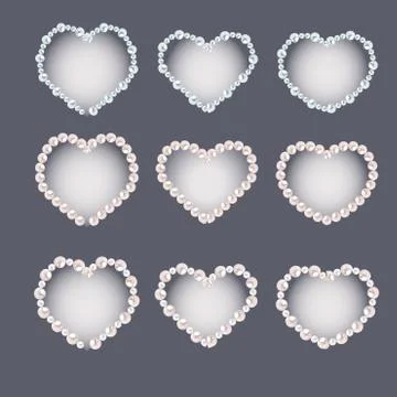 Set of heart shaped pearl frames isolated on gray background. イラスト素材