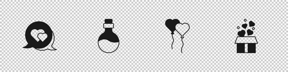 Set Heart in speech bubble, Bottle with love potion, Balloons form of heart and Stock Illustration