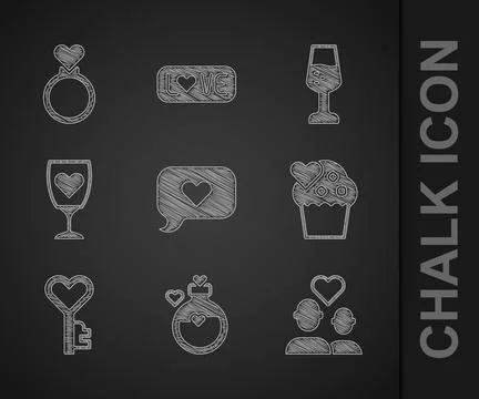Set Heart in speech bubble, Bottle with love potion, Lover couple, Wedding cake Illustrazione stock