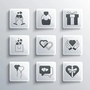 Set Heart in speech bubble, Candy heart shaped box, hand, Two Linked Hearts Stock Illustration