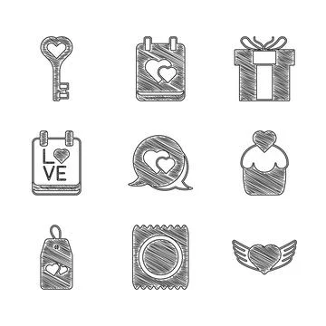 Set Heart in speech bubble, Condom package, with wings, Wedding cake, Please not Stock-Illustration