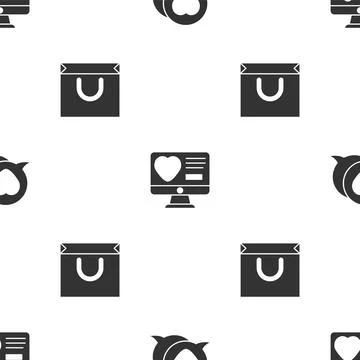 Set Heart in speech bubble, Dating app online and Shopping bag on seamless Stock Illustration