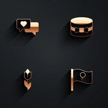 Set Heart in speech bubble, Gift box and heart, Flower tulip and Feminist a.. Stock Illustration
