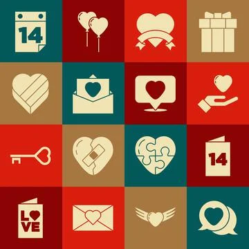 Set Heart in speech bubble, Greeting card, hand, Envelope with Valentine heart Stock Illustration