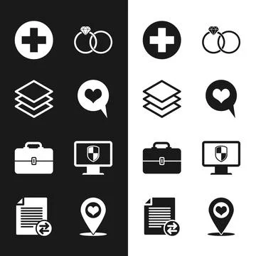 Set Heart in speech bubble, Layers, Medical cross circle, Wedding rings, Toolbox Stock Illustration