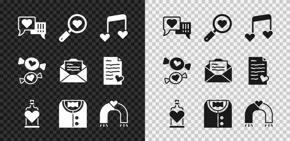 Set Heart in speech bubble, Search heart and love, Music note, tone with hearts Stock Illustration