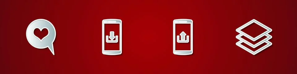 Set Heart in speech bubble, Smartphone with download, upload and Layers icon イラスト素材