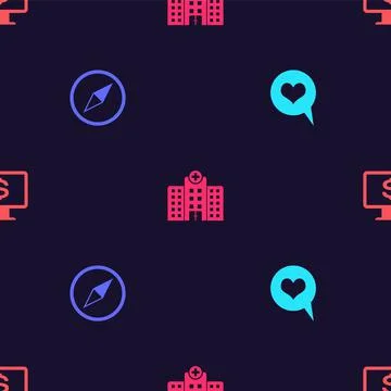 Set Heart in speech bubble, Wind rose, Medical hospital building and Monitor Ilustración de archivo