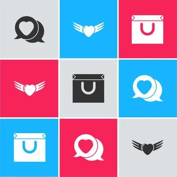 Set Heart in speech bubble, with wings and Shopping bag icon. Vector Stock Illustration