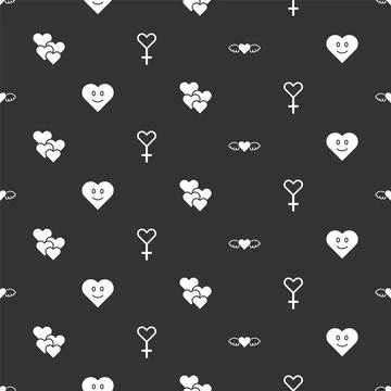 Set Heart with wings, and Female gender symbol on seamless pattern. Vector Illustrazione stock