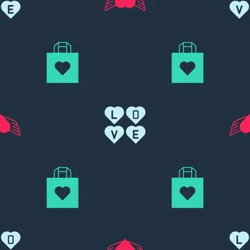 Set Heart with wings, Love text and Shopping bag heart on seamless pattern... Stock Illustration