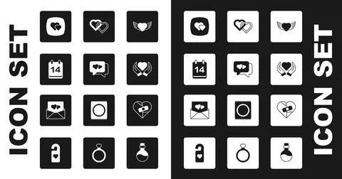 Set Heart with wings, speech bubble, Calendar February 14, hand, Two Linked H Stock Illustration