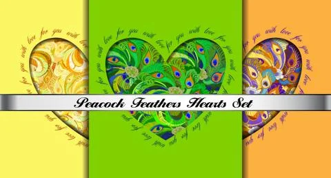 Set of hearts cards with peacock feathers ornament. Stock Illustration