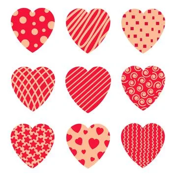 Set of hearts with different prints. Powdery color. Flat isolated illustration Stock Illustration