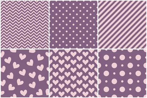 Set of hearts, polka dot, diagonal and chevron lines seamless pattern background Stock Illustration