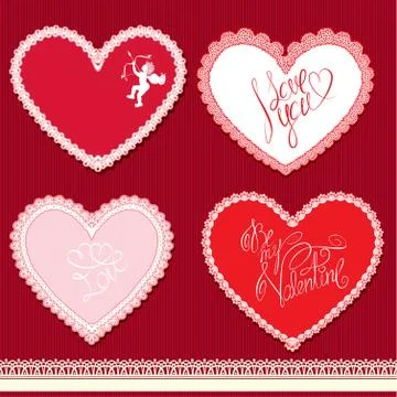 Set of hearts shape are made of lace doily, elements for valentines day or we Illustrazione stock