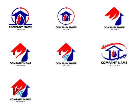 Set of Heating and Air Conditioning House Logo Template Design Stock Illustration