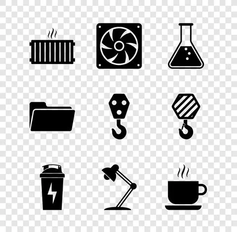 Set Heating radiator, Computer cooler, Test tube and flask, Fitness shaker Stock Illustration