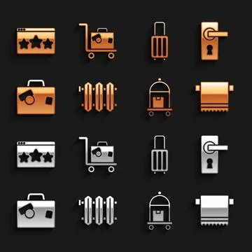 Set Heating radiator, Door handle, Towel on hanger, Suitcase, Five stars rating Illustration